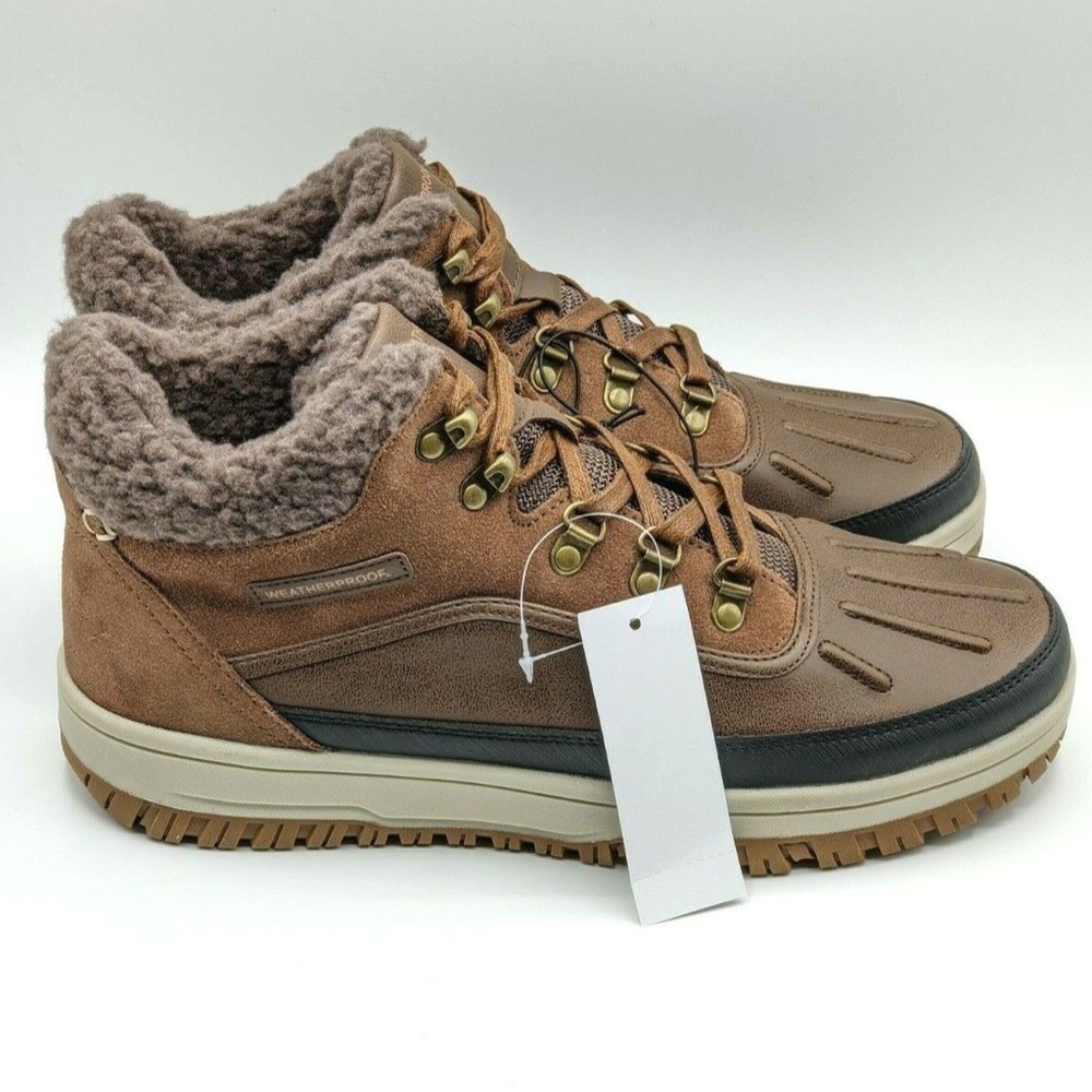 NEW Weatherproof Men's Faux Fur Sneakerboot BOOTIE LANDON NIB SUEDE RUBBER BROWN - Picture 3 of 4